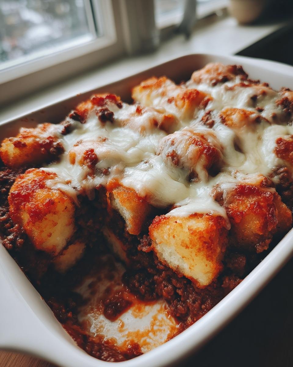 Nahaufnahme eines frisch gebackenen Kroketten Auflauf mit Hackfleisch und geschmolzenem Käse.