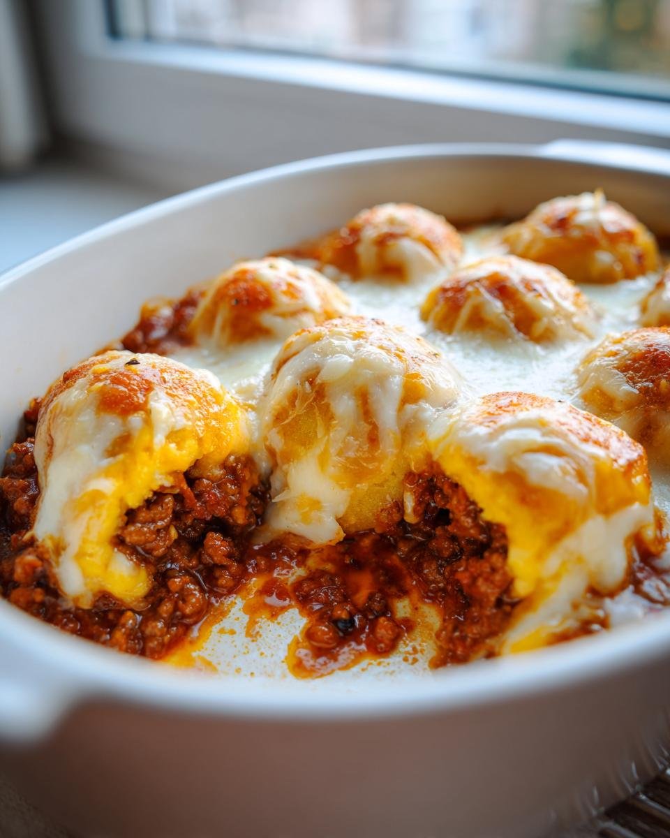 Nahaufnahme eines Kroketten Auflauf mit Hackfleisch in einer Auflaufform, bedeckt mit geschmolzenem Käse.