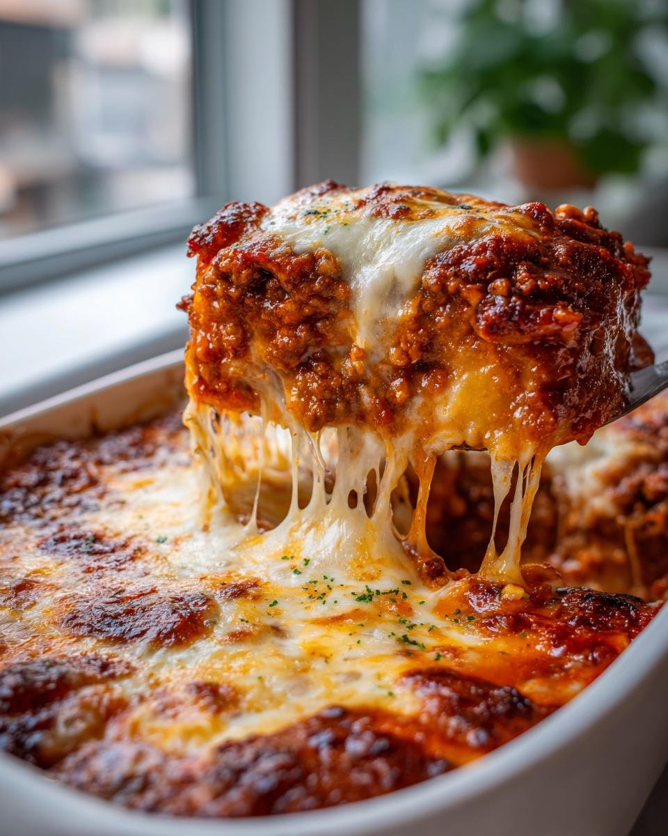 Ein Stück Kroketten Auflauf mit Hackfleisch wird aus der Auflaufform gehoben, mit langgezogenem, geschmolzenem Käse.