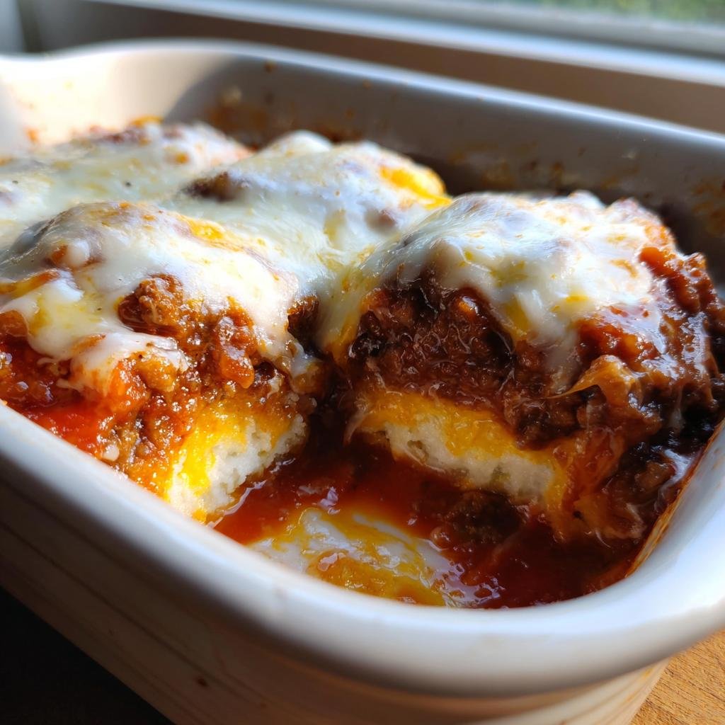 Nahaufnahme eines Auflaufs mit Kroketten, Hackfleischsauce und geschmolzenem Käse: Kroketten Auflauf mit Hackfleisch.