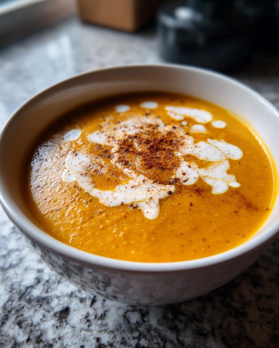 Nahaufnahme einer leuchtend orangefarbenen Kürbissuppe, garniert mit einem Wirbel aus Sahne und einer Prise Zimt oder Muskatnuss.