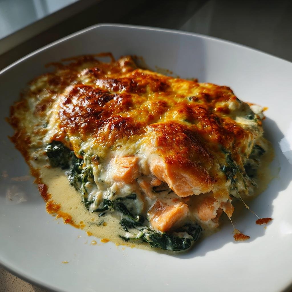 Ein cremiges Stück Lachs-Sahne-Gratin mit Spinat und goldbraun überbackenem Käse auf einem weißen Teller.