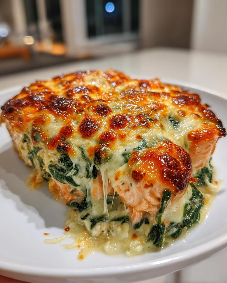 Ein Stück Lachs-Sahne-Gratin mit Spinat und goldbraun überbackenem Käse auf einem weißen Teller.