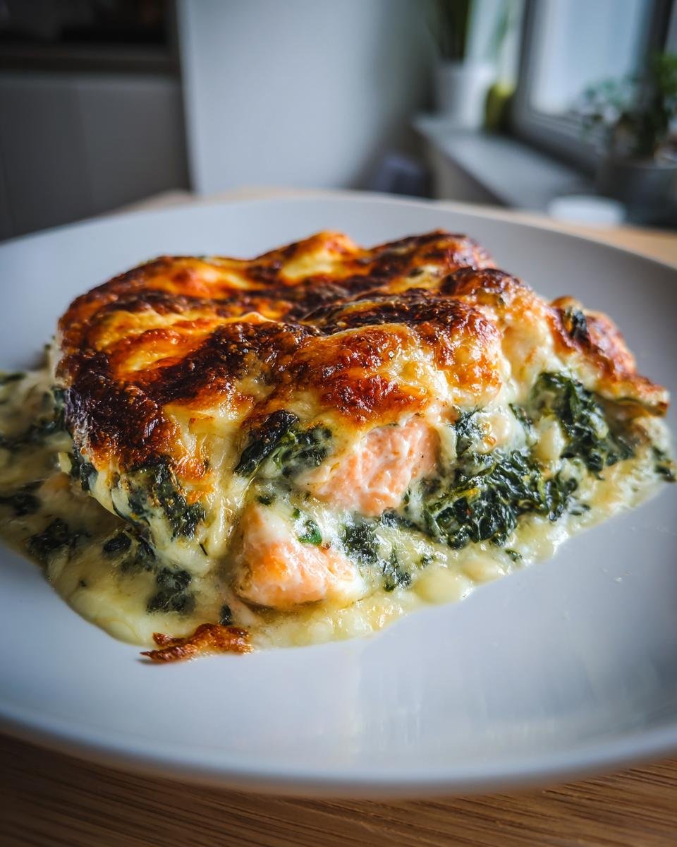 Eine Portion Lachs-Sahne-Gratin mit Spinat, bedeckt mit goldbraun überbackenem Käse, auf einem weißen Teller.