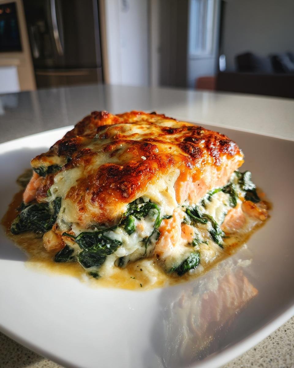 Ein saftiges Stück Lachs-Sahne-Gratin mit Spinat und goldbraun überbackenem Käse auf einem weißen Teller.