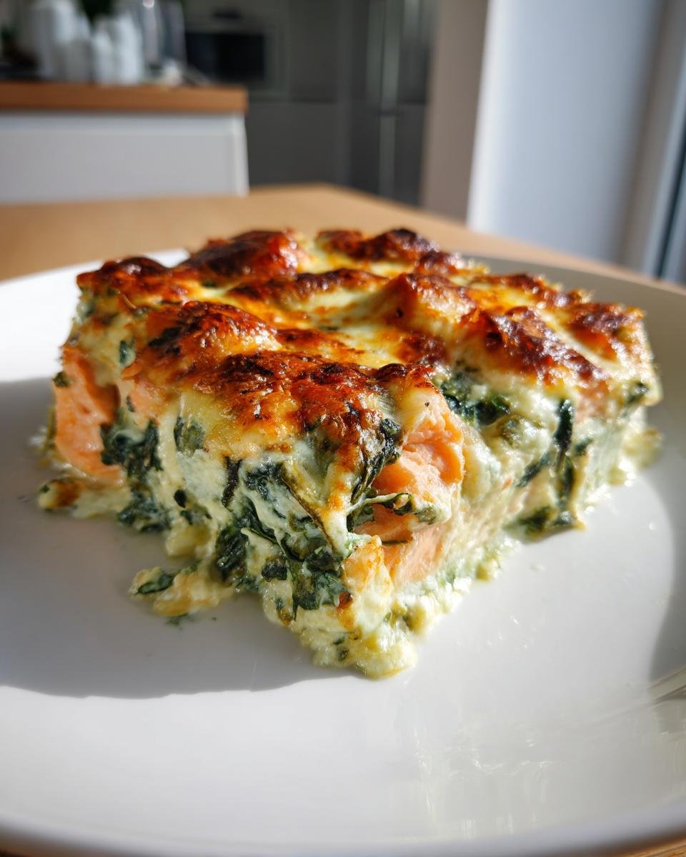 Eine Portion Lachs-Sahne-Gratin mit Spinat auf einem weißen Teller, mit goldbraun überbackener Käsekruste.