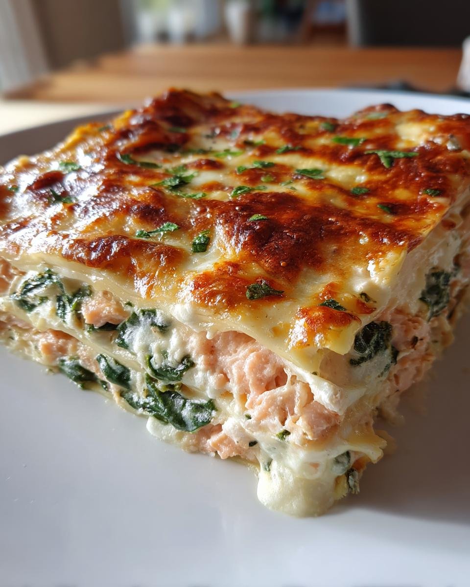 Nahaufnahme eines Stücks Lachs-Spinat-Lasagne mit Sahnesoße, goldbraun überbacken und mit Petersilie bestreut.