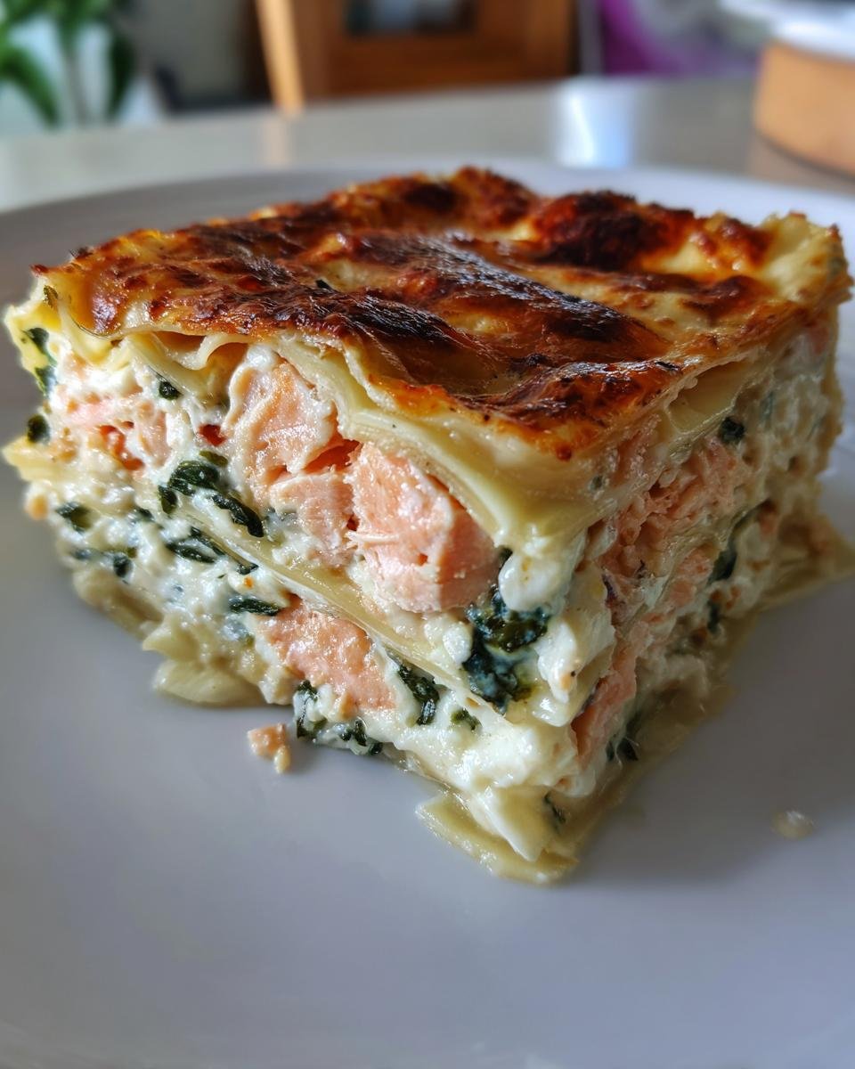 Ein dickes Stück Lachs-Spinat-Lasagne mit Sahnesoße auf einem weißen Teller, goldbraun überbacken.