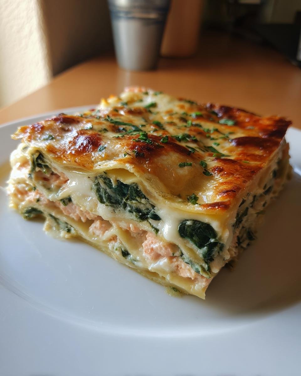 Ein perfekt geschichtetes Stück Lachs-Spinat-Lasagne mit Sahnesoße und goldbraun gebackener Käsekruste.