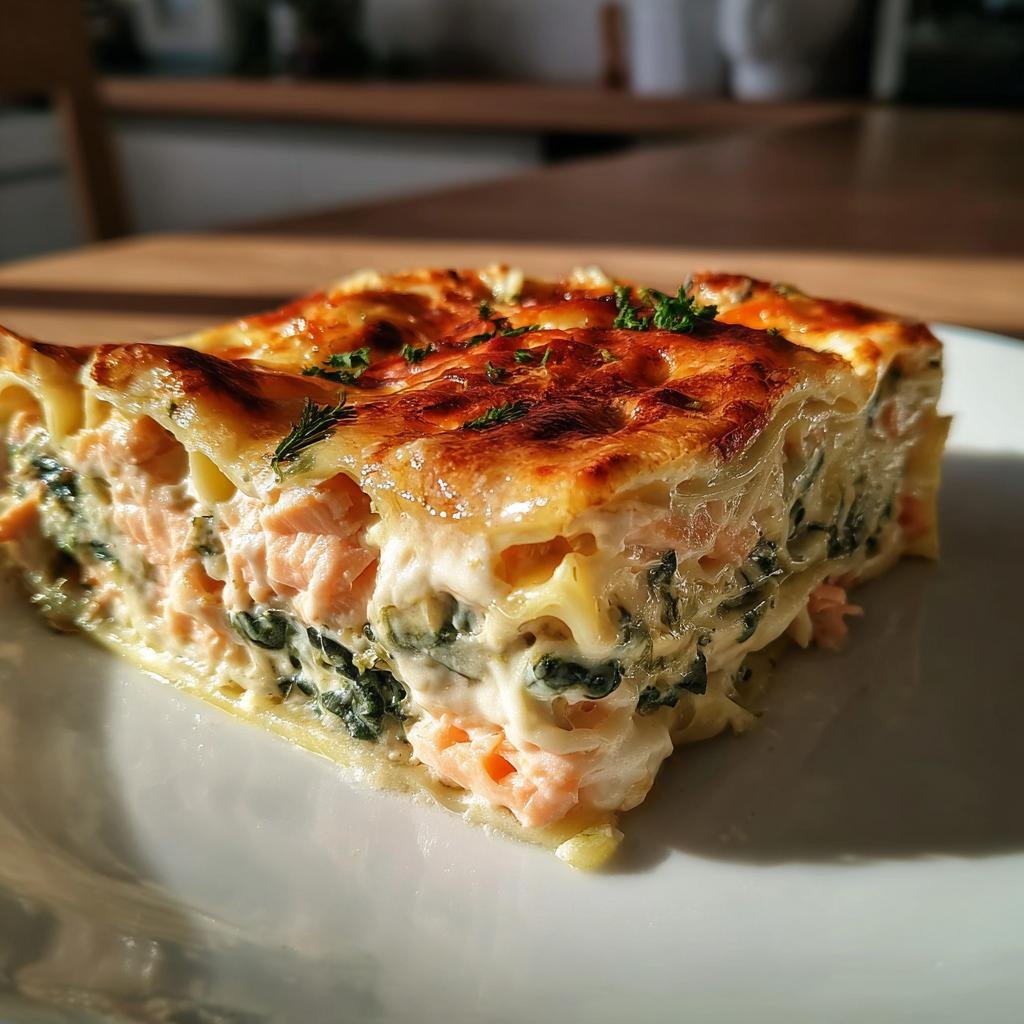 Nahaufnahme eines cremigen Stücks Lachs-Spinat-Lasagne mit Sahnesoße und goldbraun überbackener Oberfläche.