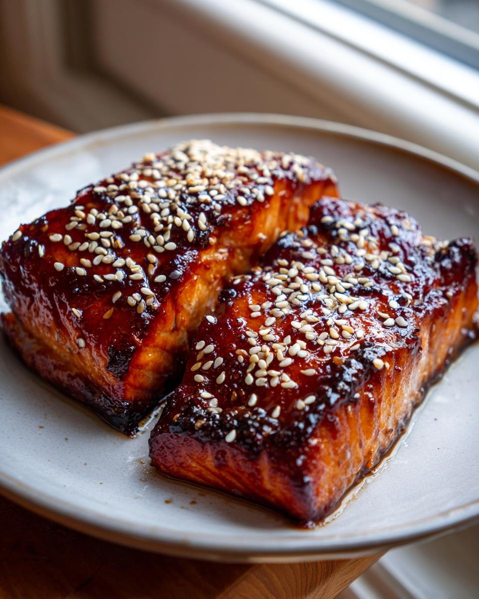 Zwei glasierte Stücke Lachs Teriyaki mit Honig und Sesam, bestreut mit geröstetem Sesam auf einem hellen Teller.