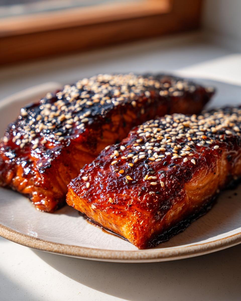 Zwei Stücke Lachs Teriyaki mit Honig und Sesam, glasiert und bestreut mit Sesamkörnern auf einem Teller.