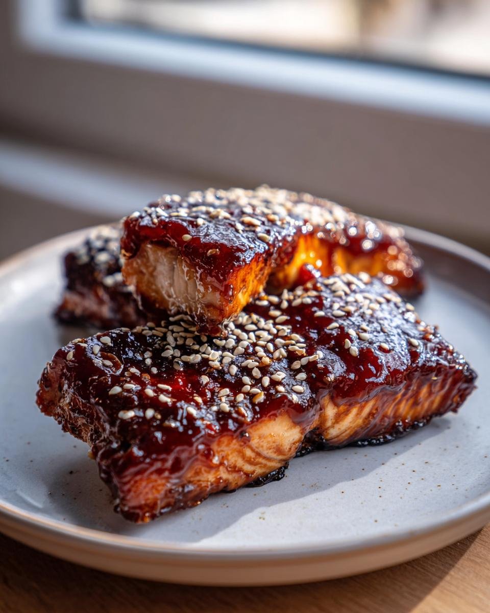 Drei Stücke Lachs Teriyaki mit Honig und Sesam, üppig glasiert und mit Sesam bestreut, auf einem hellen Teller.