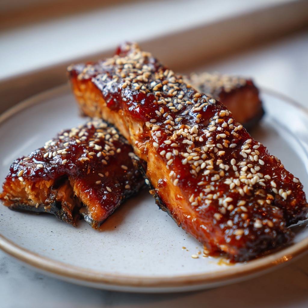 Drei Stücke Lachs Teriyaki mit Honig und Sesam, glasiert und bestreut mit Sesamkörnern auf einem Teller.