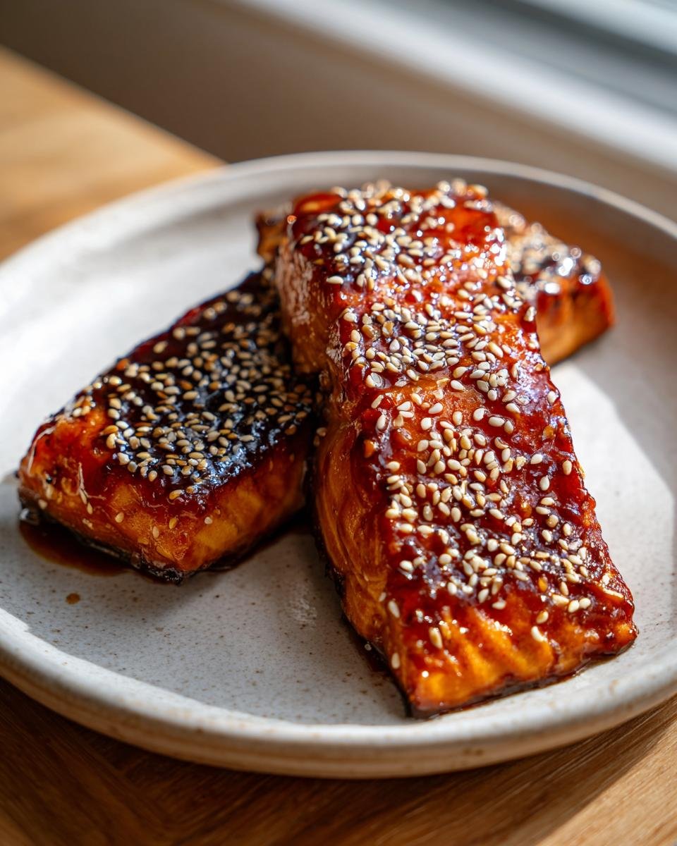 Zwei Stücke Lachs Teriyaki mit Honig und Sesam, glasiert und mit Sesam bestreut, auf einem hellen Teller.
