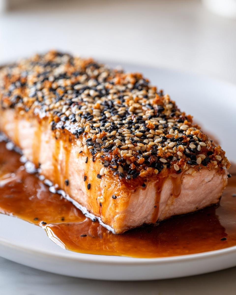 Ein perfekt zubereitetes Lachsfilet in Sesamkruste, bedeckt mit schwarzem und weißem Sesam, serviert in Honig-Sojasoße.