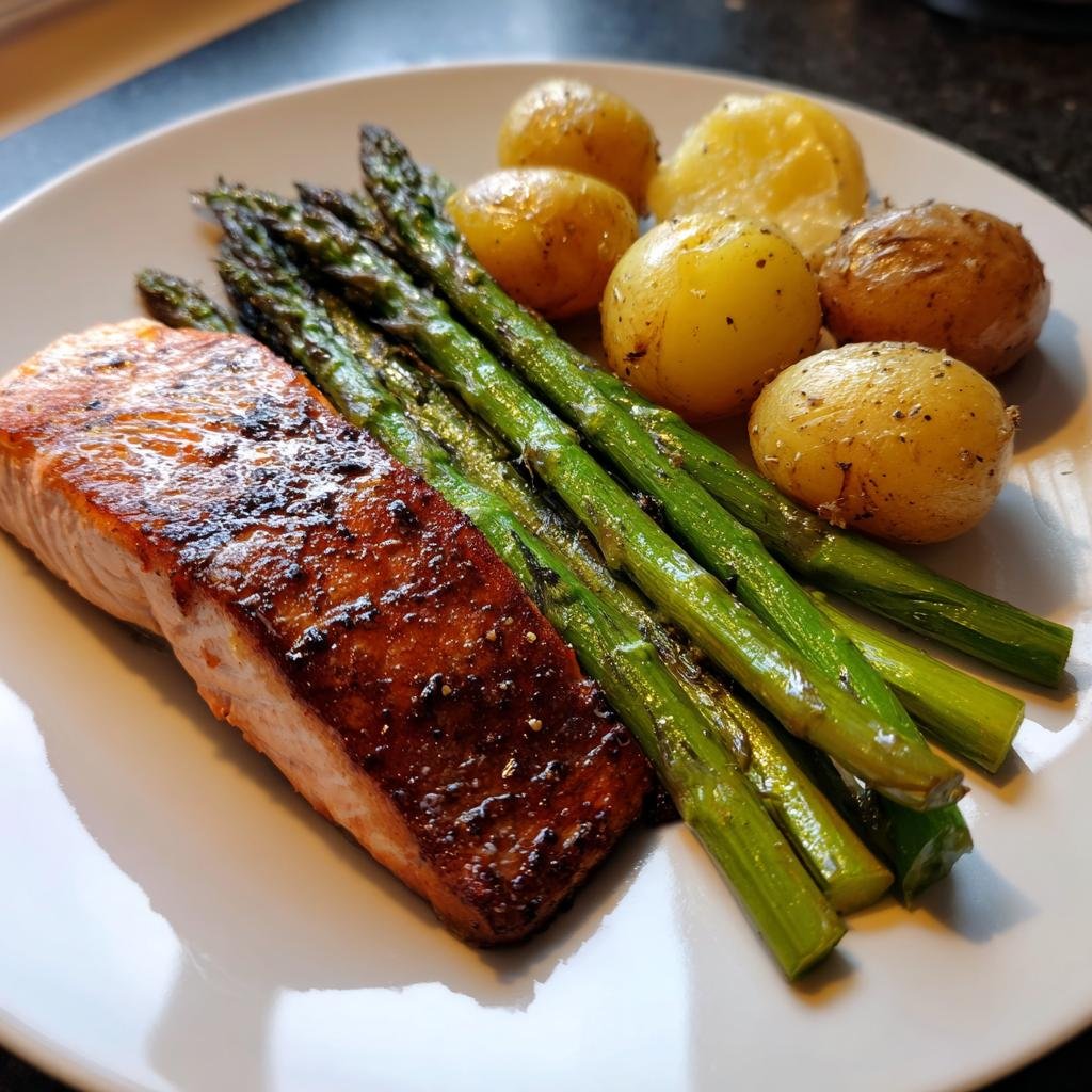 Gebratenes Lachsfilet mit grünem Spargel und Salzkartoffeln auf einem weißen Teller – Lachsfilet mit Spargel und Kartoffeln.