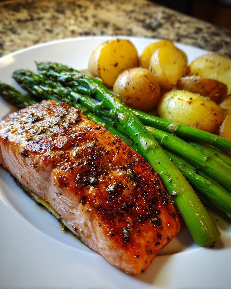 Gebratenes Lachsfilet mit grünem Spargel und kleinen Salzkartoffeln: Lachsfilet mit Spargel und Kartoffeln.