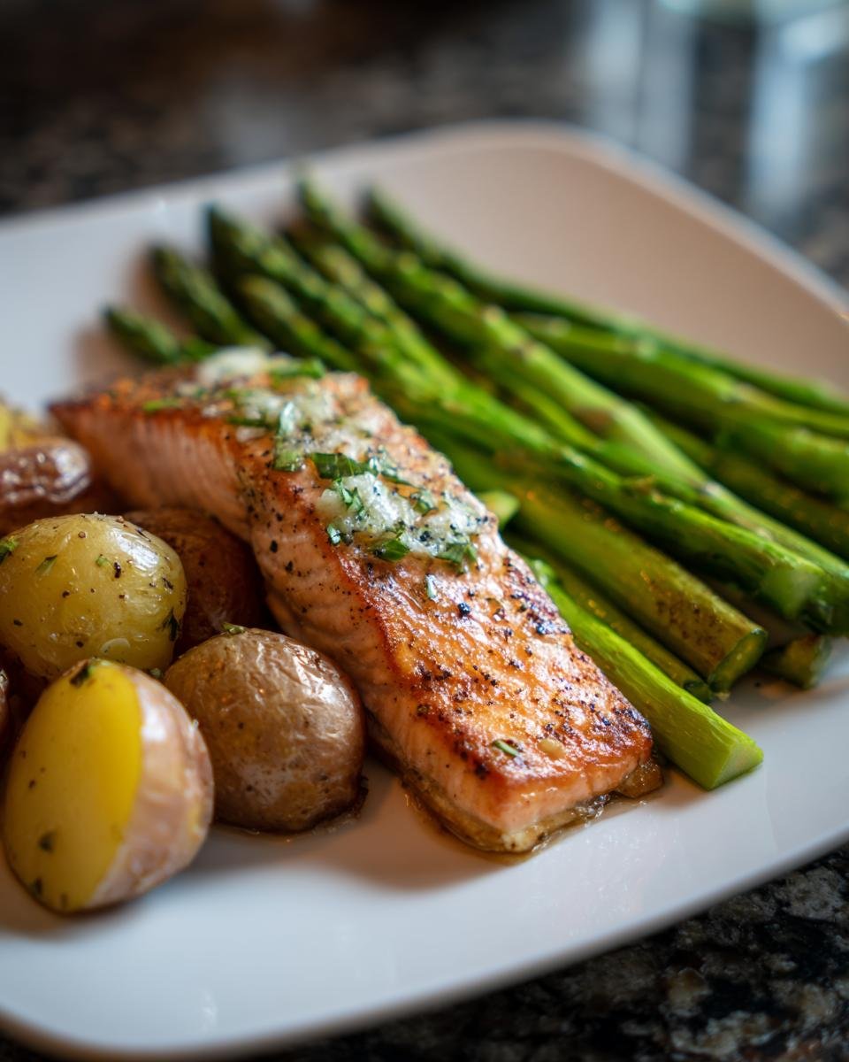 Gegrilltes Lachsfilet mit grünem Spargel und kleinen Salzkartoffeln auf einem weißen Teller – Lachsfilet mit Spargel und Kartoffeln.