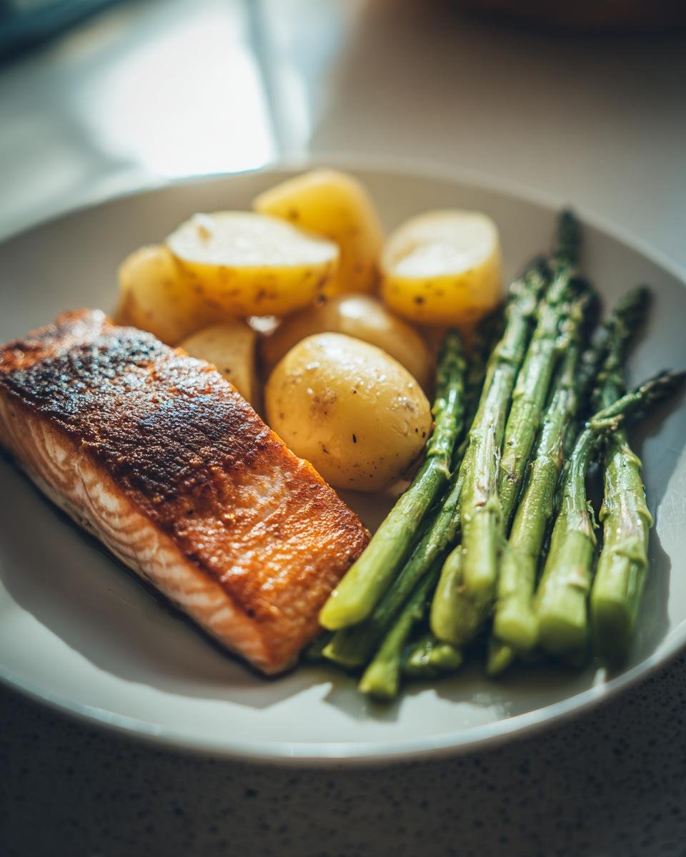Gebratenes Lachsfilet mit Salzkartoffeln und grünem Spargel auf einem weißen Teller – Lachsfilet mit Spargel und Kartoffeln.