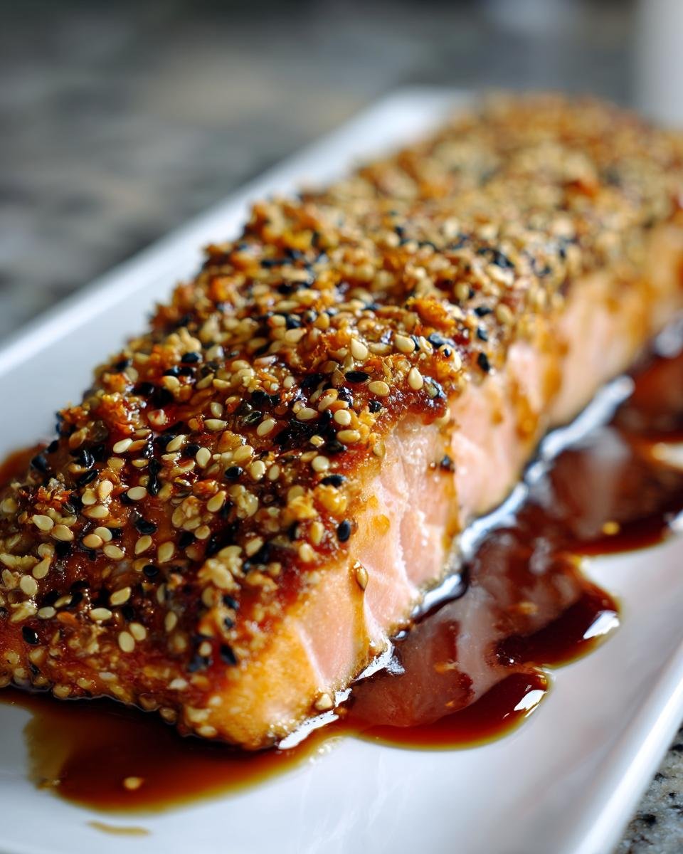 Nahaufnahme eines Lachsfilets in Sesamkruste, serviert mit dunkler Honig-Sojasoße auf einem weißen Teller.