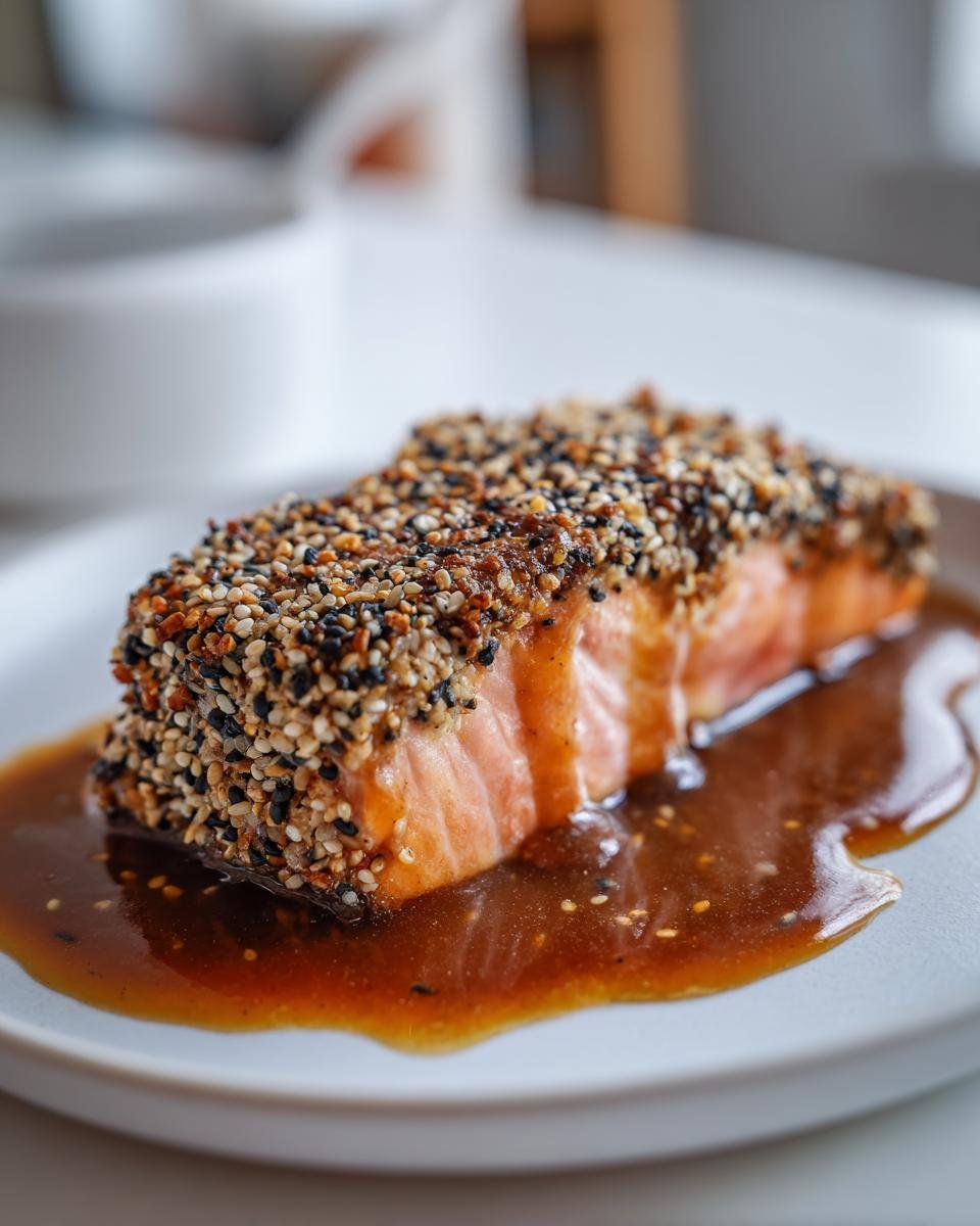 Ein perfekt gegartes Lachsfilet in Sesamkruste, serviert in einer dunklen Honig-Sojasoße.