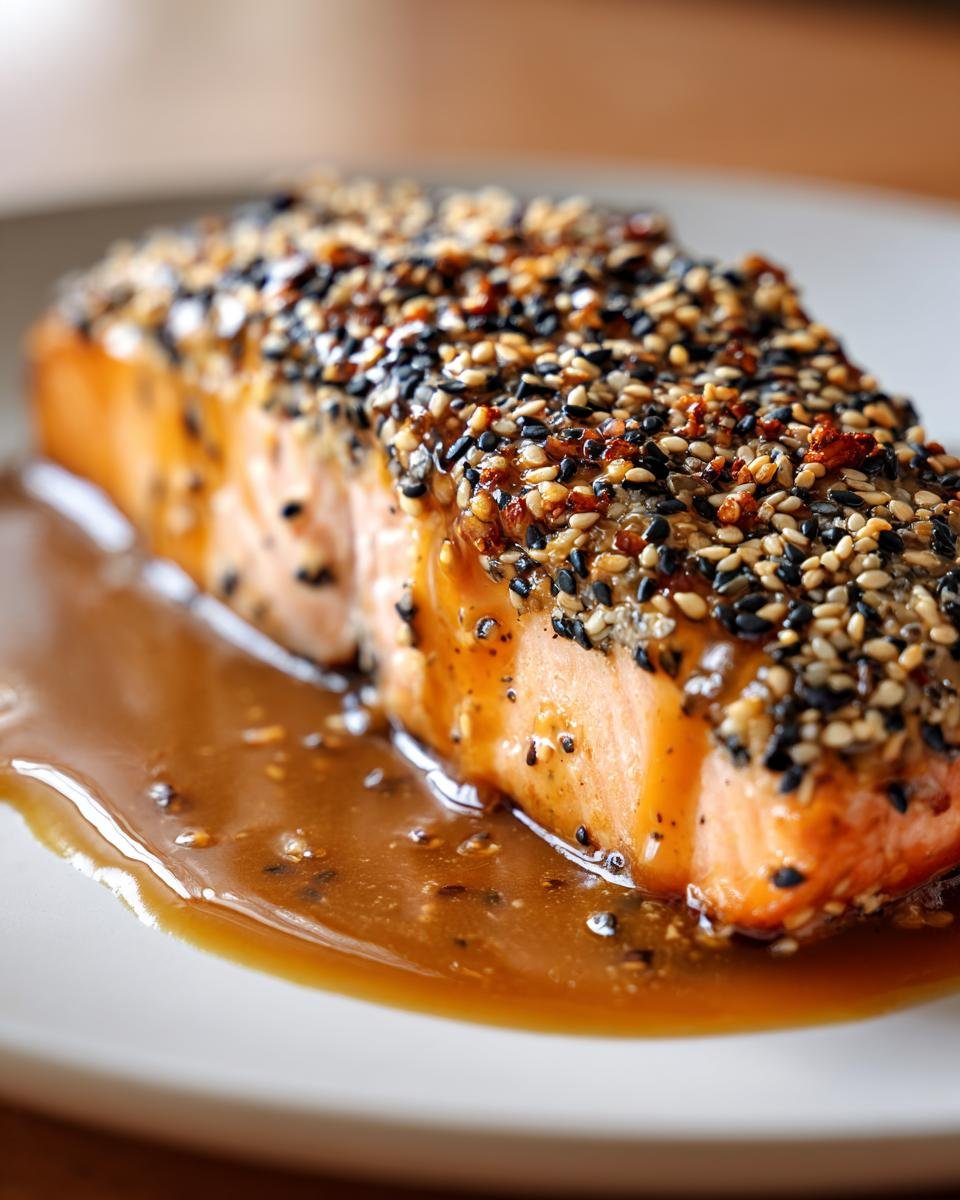 Ein perfekt zubereitetes Lachsfilet in Sesamkruste mit Honig-Sojasoße auf einem weißen Teller.
