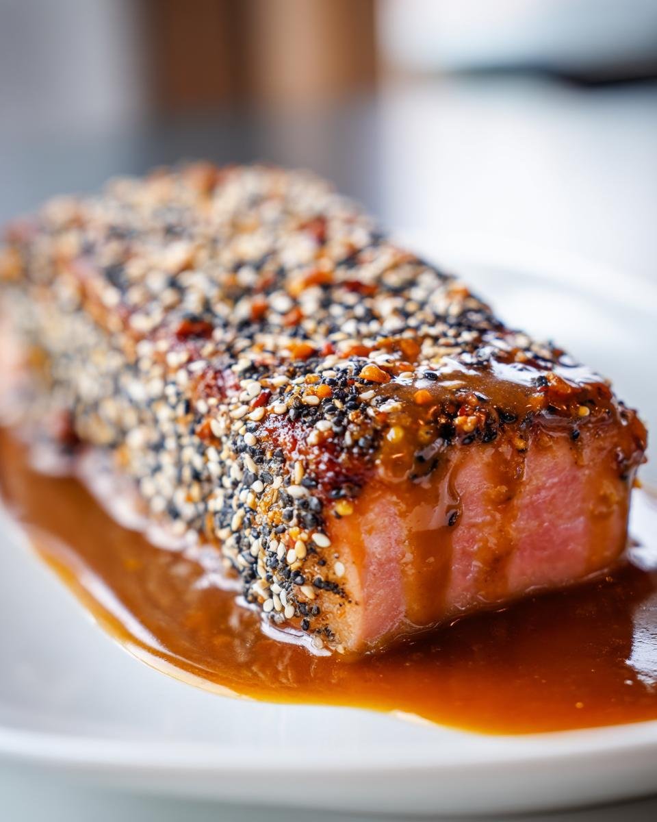 Nahaufnahme eines perfekt gegarten Lachsfilet in Sesamkruste, übergossen mit Honig-Sojasoße auf einem weißen Teller.