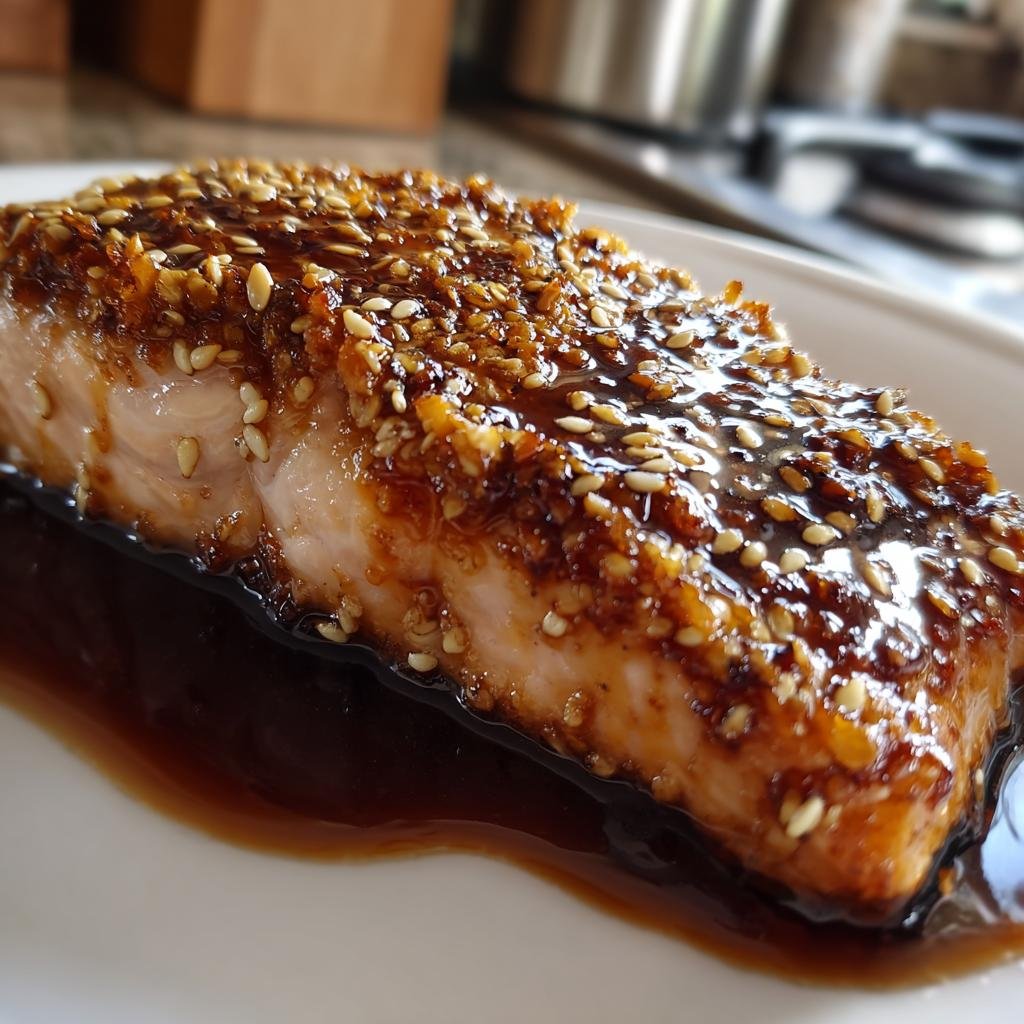 Saftiges Lachsfilet in Sesamkruste, übergossen mit Honig-Sojasoße auf einem weißen Teller.