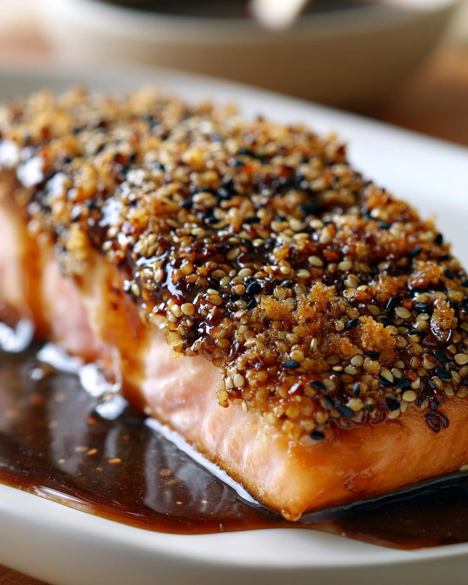 Nahaufnahme eines saftigen Lachsfilets mit einer knusprigen Sesamkruste, serviert in Honig-Sojasoße.