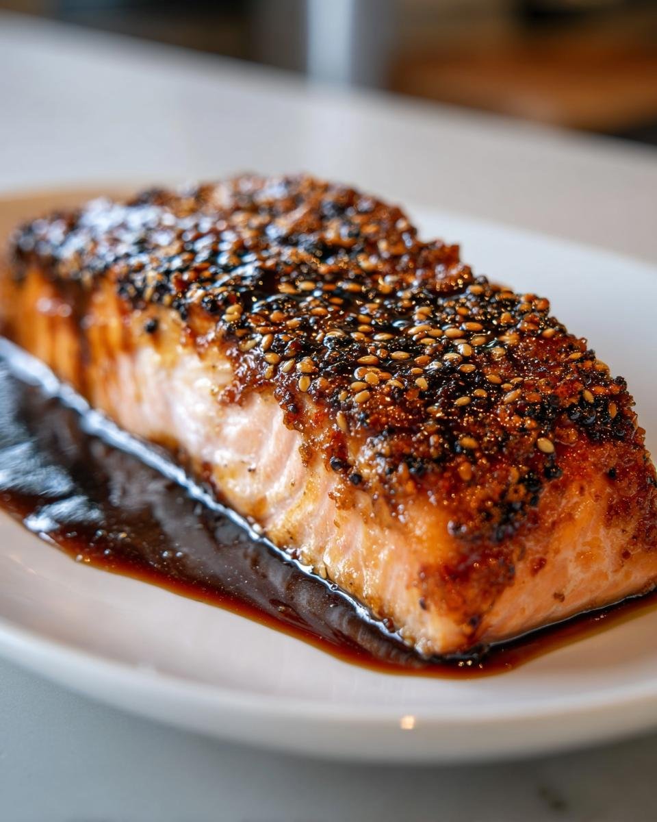 Ein perfekt gegartes Lachsfilet in Sesamkruste, serviert mit dunkler Honig-Sojasoße auf einem weißen Teller.
