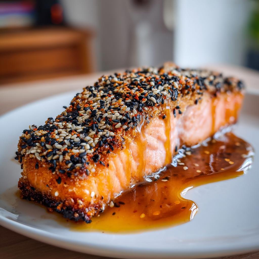 Ein saftiges Lachsfilet in Sesamkruste, beträufelt mit Honig-Sojasoße, auf einem weißen Teller.