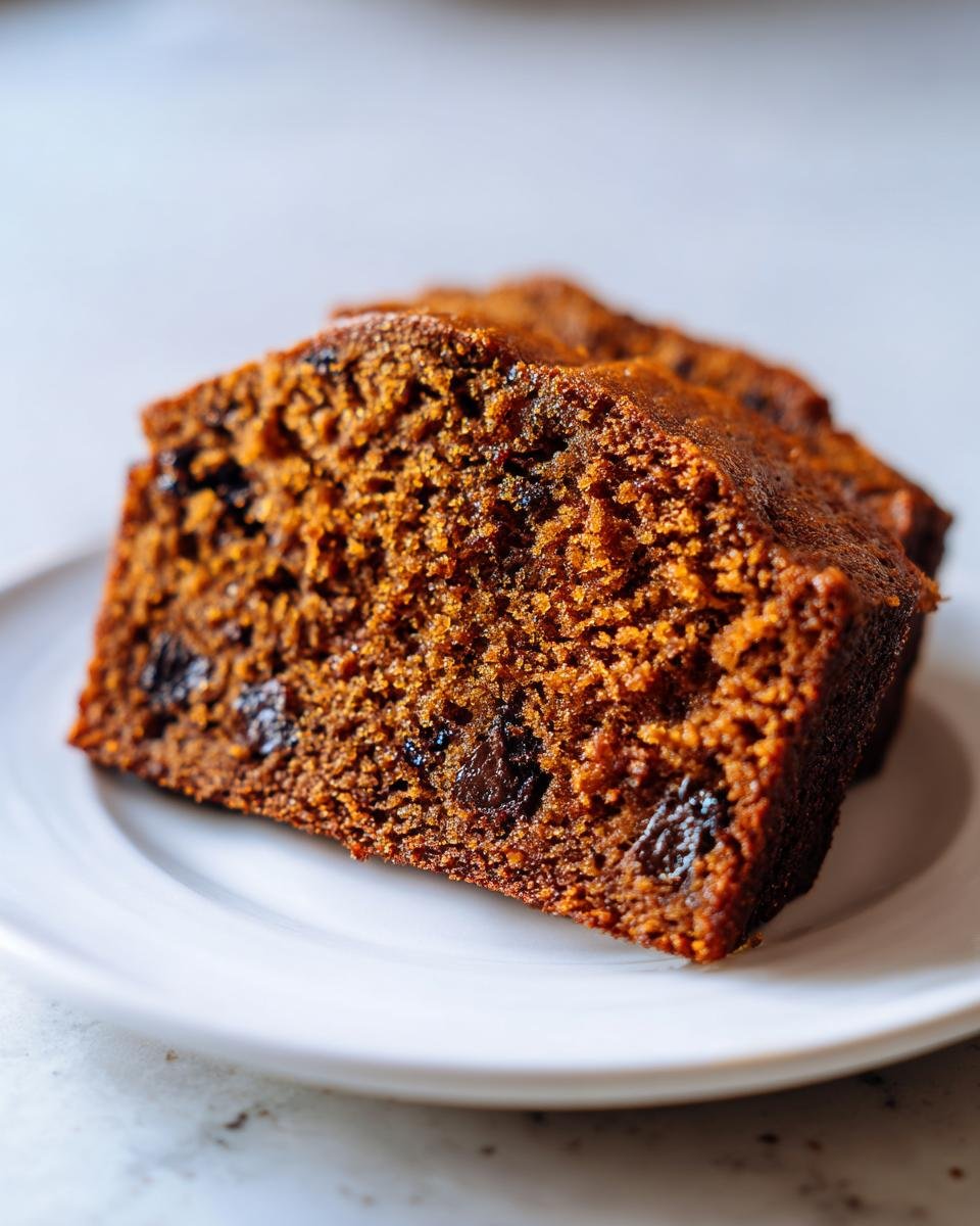 Close-up of two moist slices of vegan Lebkuchen Kuchen, showing the dark brown, spiced texture and visible raisins.