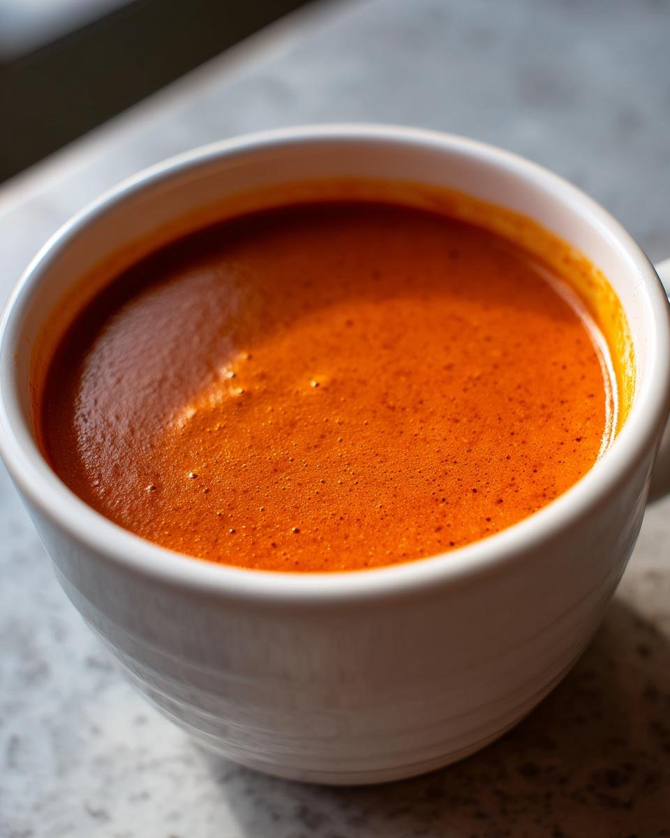 Nahaufnahme einer leuchtend orange-roten, cremigen Tomatensuppe in einer weißen Tasse.