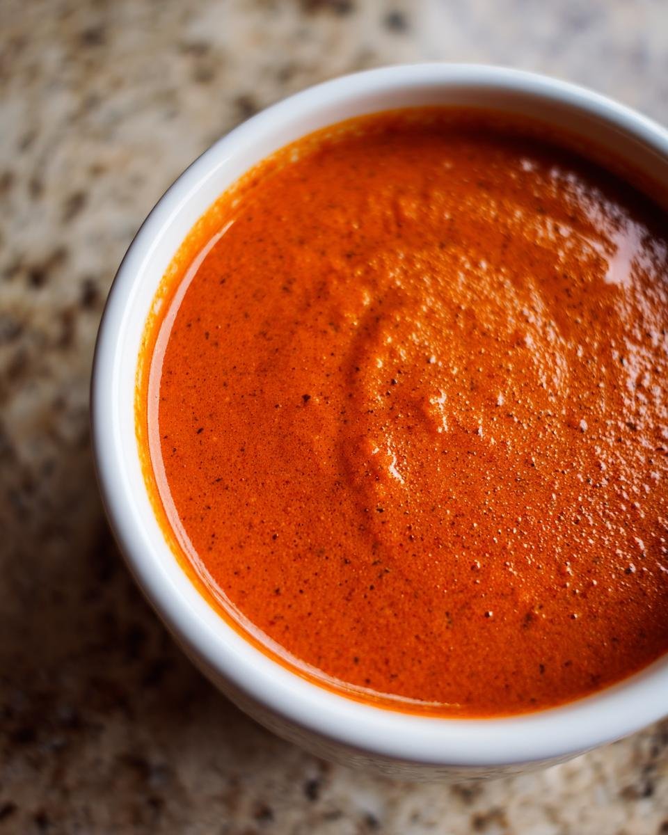 Nahaufnahme einer leuchtend roten, cremigen Tomatensuppe in einer weißen Schüssel.