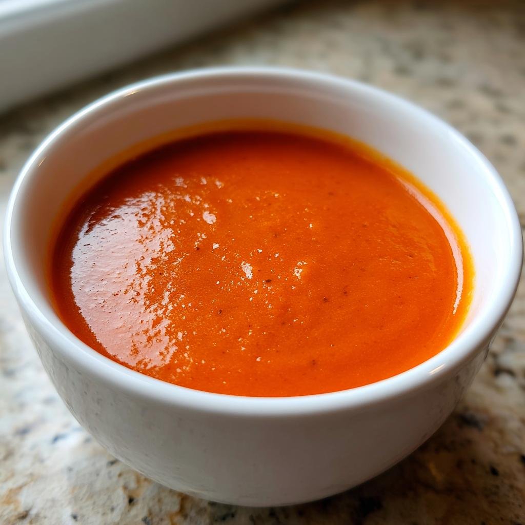 Nahaufnahme einer Schale mit leckerer cremiger Tomatensuppe, leuchtend orange-rot.