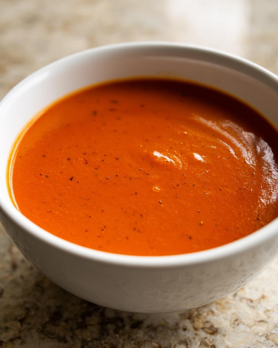 Nahaufnahme einer Schüssel mit leuchtend oranger, Leckere cremige Tomatensuppe, gewürzt mit dunklen Kräutern.