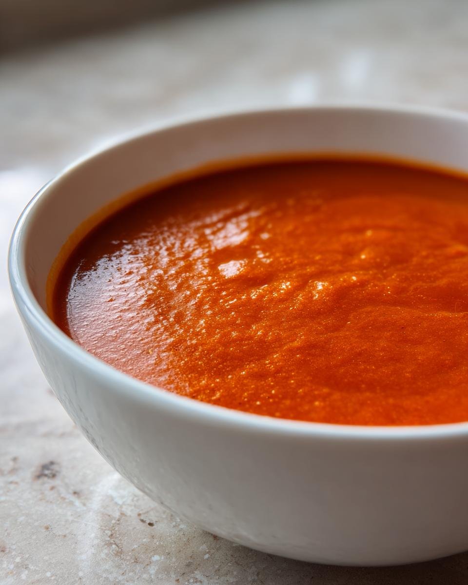 Nahaufnahme einer Schüssel mit leckerer cremiger Tomatensuppe mit intensiver orangeroter Farbe.