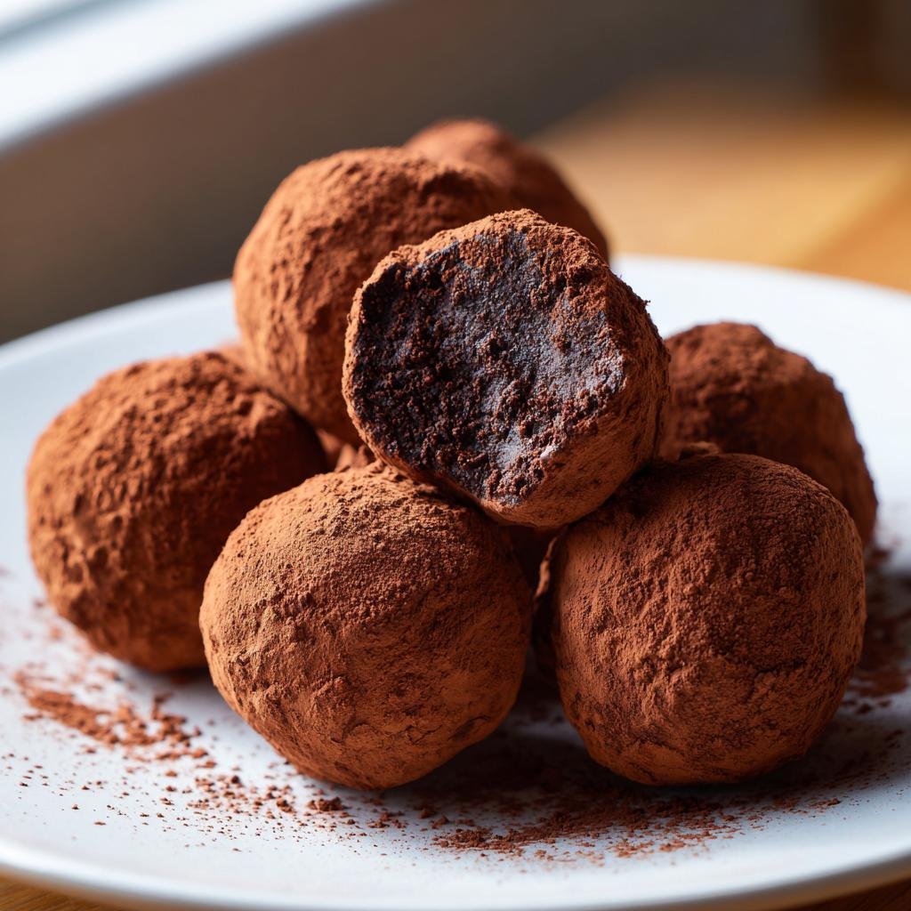 Nahaufnahme von mehreren Schokoladen-Rumkugeln, großzügig mit Kakaopulver bestäubt, eines angeschnitten.