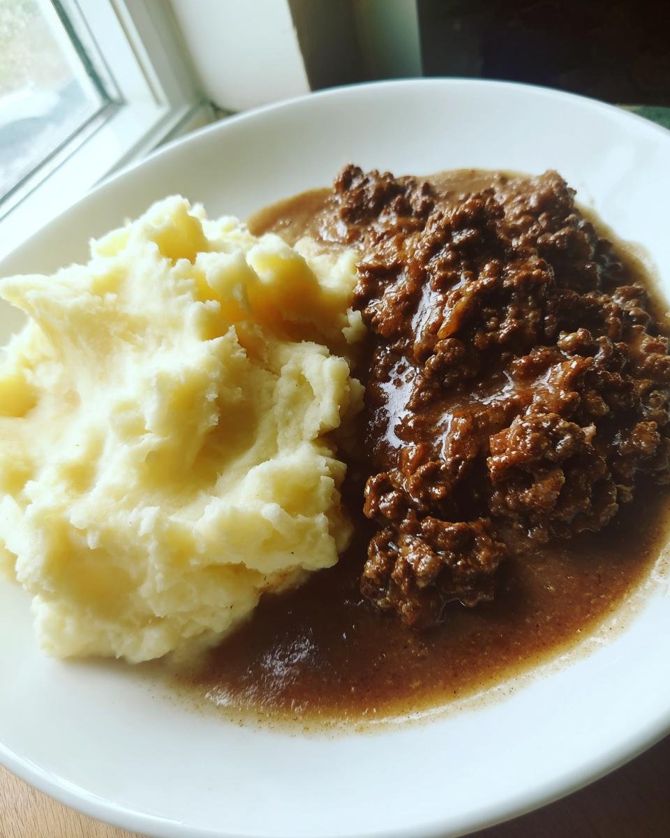 Teller mit Leckeres Hackfleisch in Bratensoße und cremigem Kartoffelpüree.