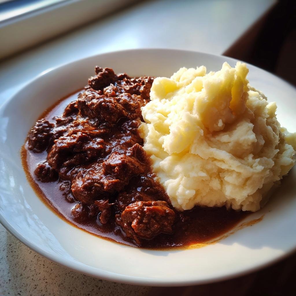 Teller mit Leckeres Hackfleisch in Bratensoße und einem großen Klecks cremigem Kartoffelpüree.