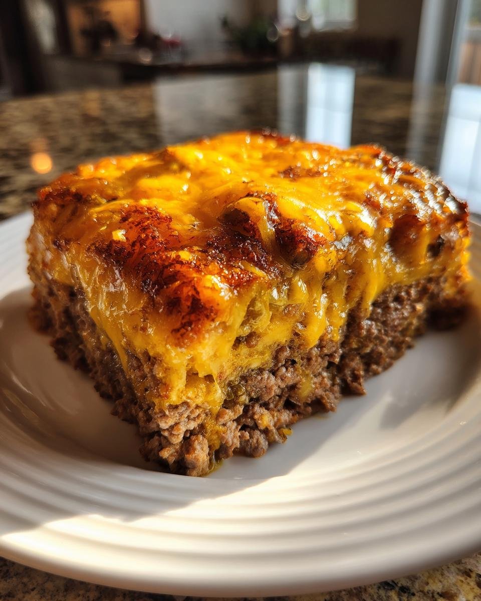 Eine Portion Low Carb Cheeseburger-Auflauf mit einer dicken, goldbraun gebackenen Käseschicht auf Hackfleischbasis.