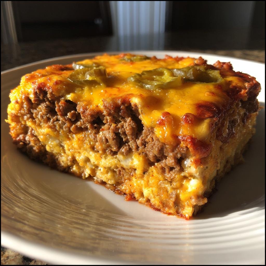 Ein saftiges Stück Low Carb Cheeseburger-Auflauf mit Hackfleisch, Käse und Jalapeños auf einem weißen Teller.