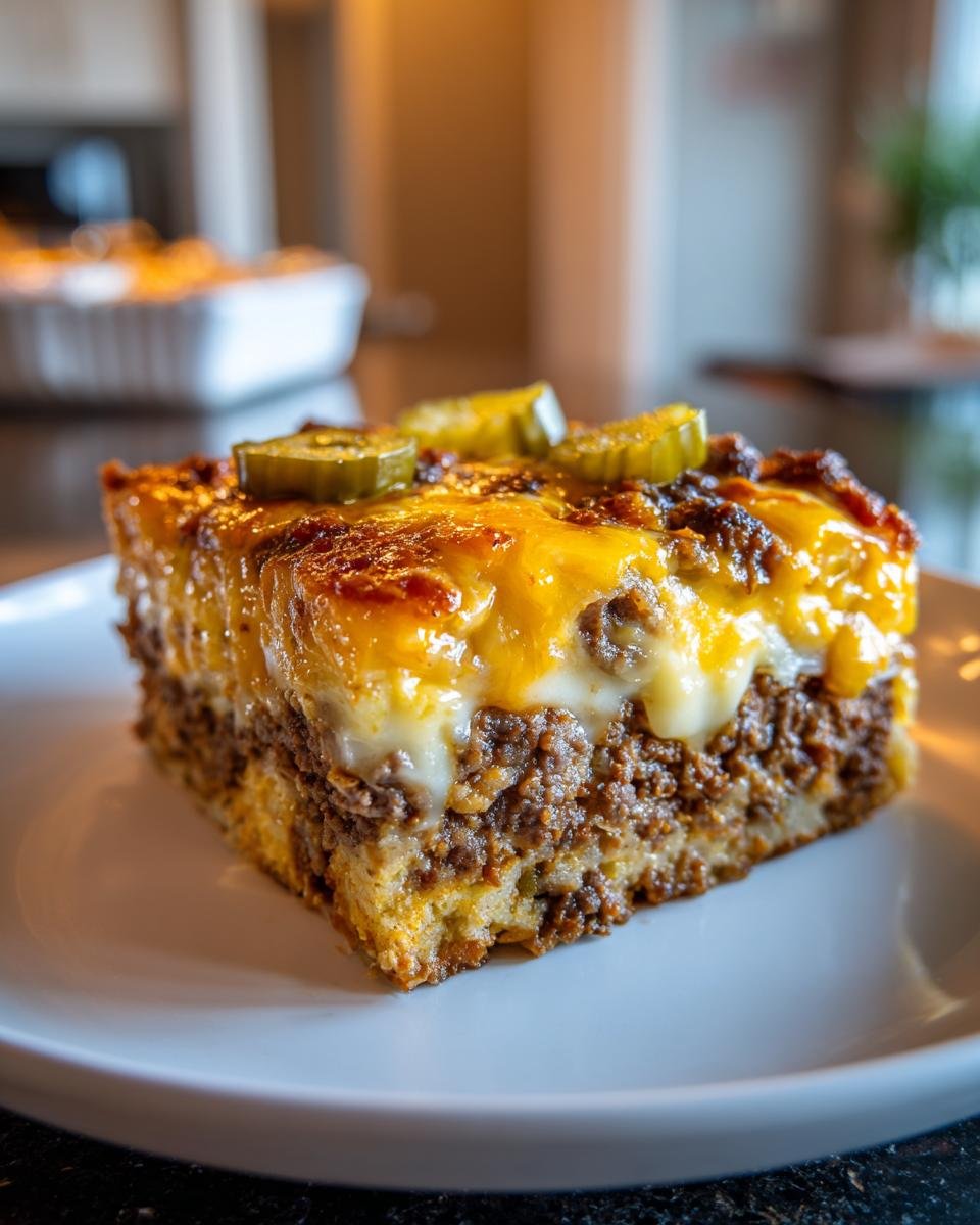 Ein Stück Low Carb Cheeseburger-Auflauf mit geschmolzenem Käse und Jalapeños auf einem weißen Teller.