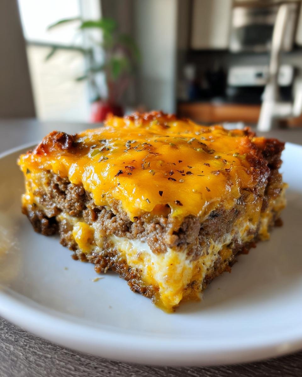 Ein saftiges Stück Low Carb Cheeseburger-Auflauf mit geschmolzenem Cheddar-Käse obenauf.