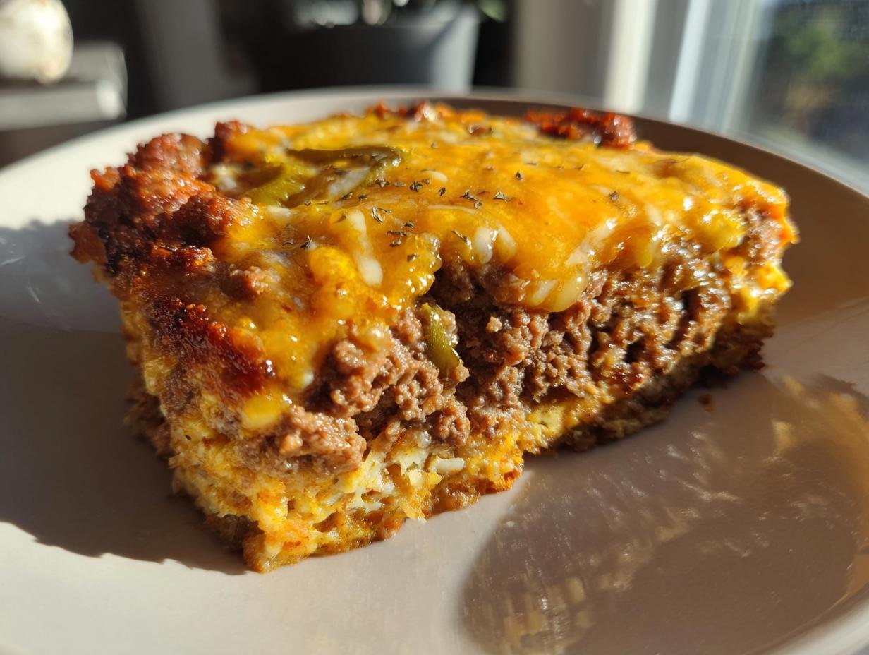 Ein saftiges Stück Low Carb Cheeseburger-Auflauf mit Hackfleisch und geschmolzenem Cheddar-Käse.