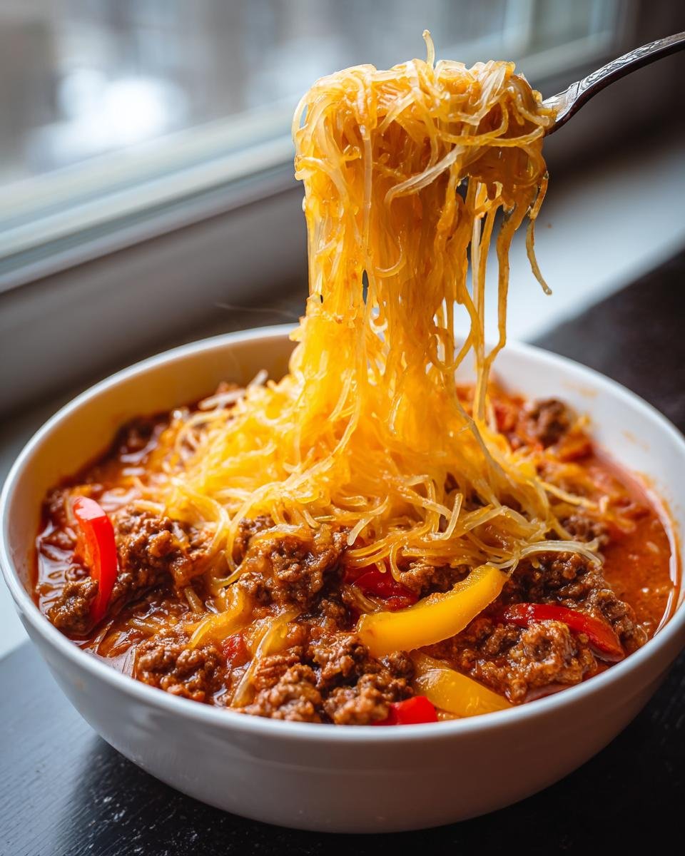 Gabel zieht Fadennudeln aus einer Schüssel Low Carb Pizzasuppe mit Hackfleisch und Paprika.