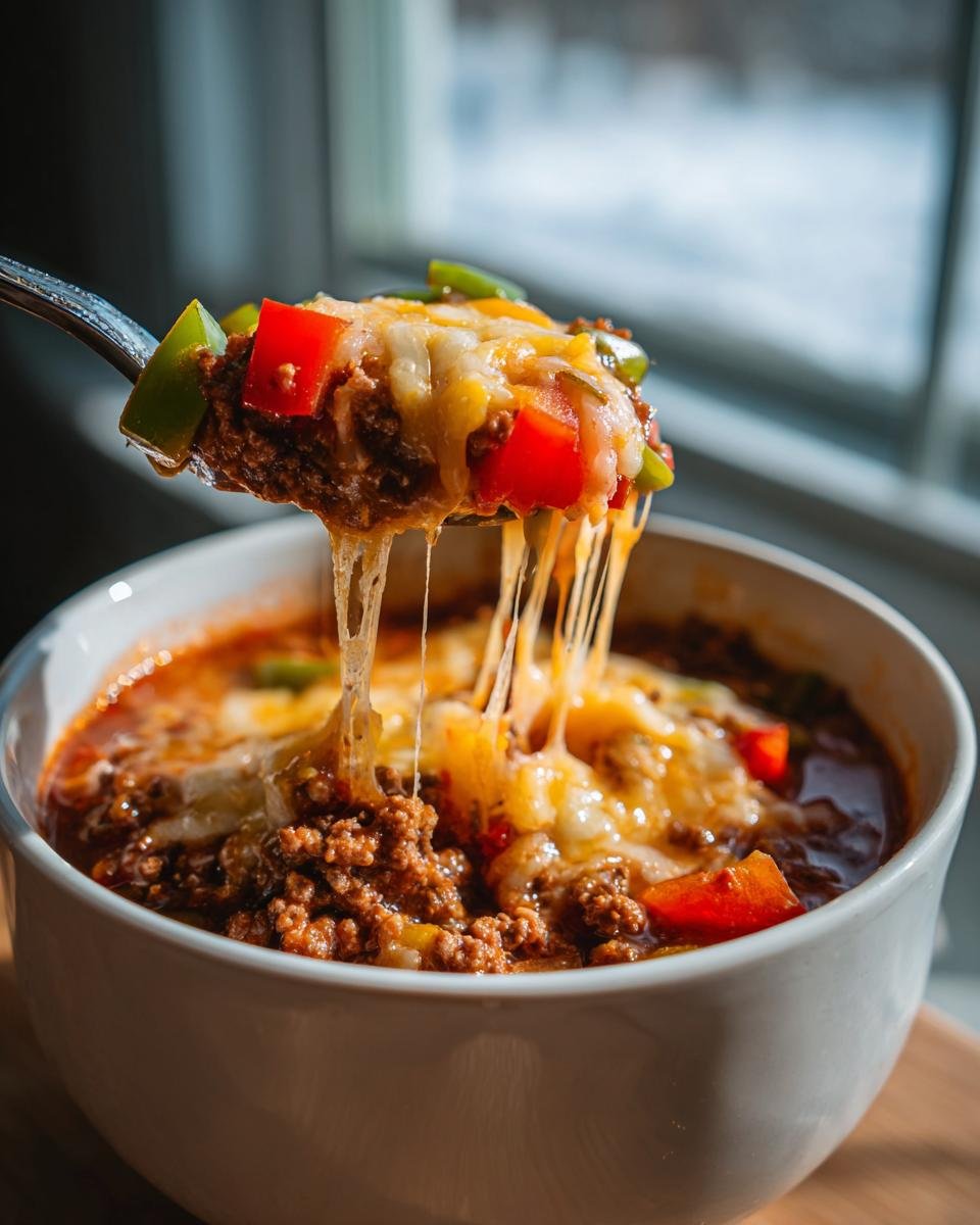 Löffel mit Low Carb Pizzasuppe mit Hackfleisch, Paprika und viel geschmolzenem Käse, der Fäden zieht.