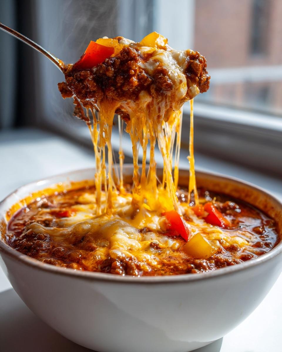 Ein Löffel voller Low Carb Pizzasuppe mit Hackfleisch, bedeckt mit geschmolzenem Käse, der Fäden zieht.