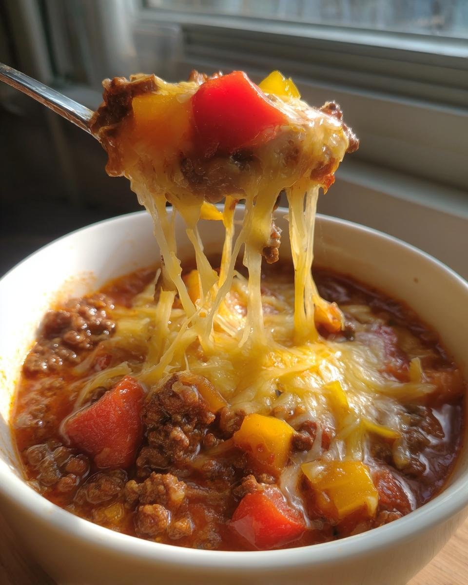 Löffel mit geschmolzenem Käse, Hackfleisch und Paprikastücken aus der Low Carb Pizzasuppe mit Hackfleisch und Paprika.